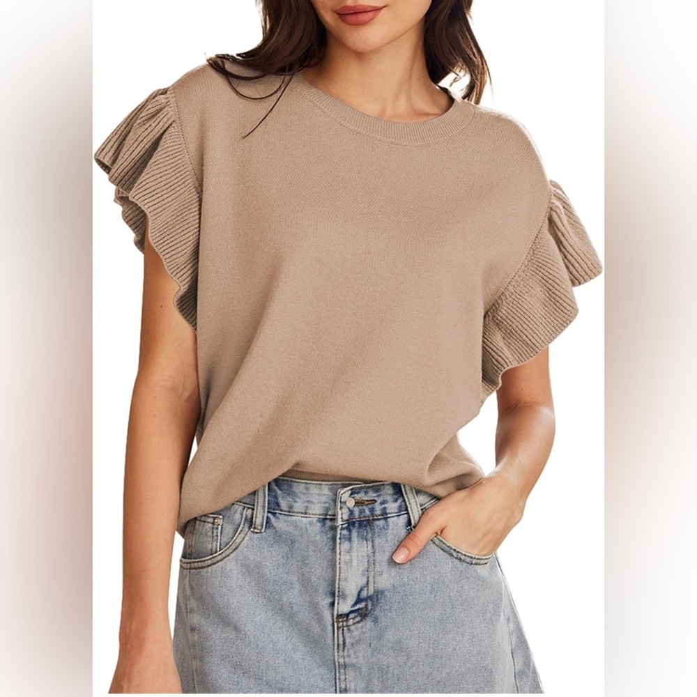 Women's Crew Neck Ruffle Sleeves Loose Oversized Knit Pullover Sweater Top Vest